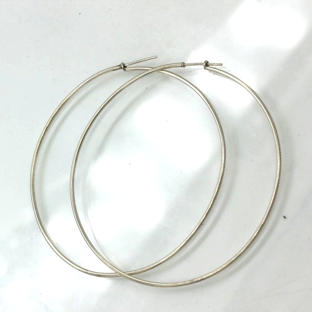 925 STERLING vintage large hoop EARRINGS diamond cut 4.5 grams  2 1/4"